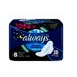 TOALLA FEMENINA ALWAYS NOCHE SECA CON ALAS 8 PZ TOALLA FEMENINA ALWAYS NOCHE SECA CON ALAS 8 PZ