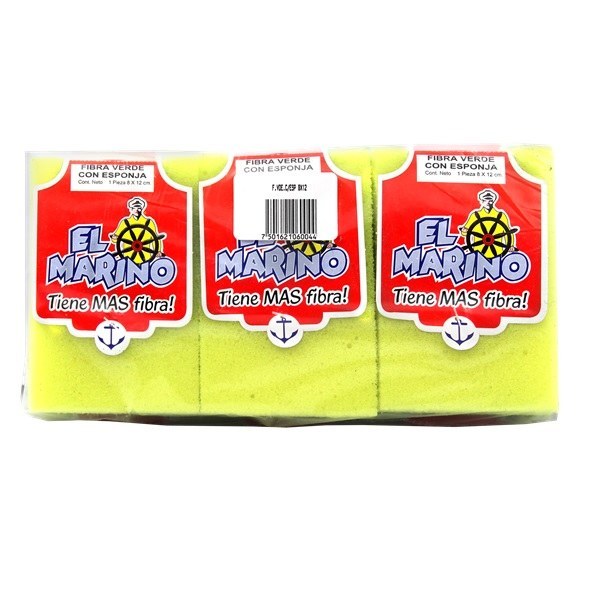 FIBRA VERDE CON ESPONJA MARINO 8X12 CM PAQUETE CON 6 PZ
